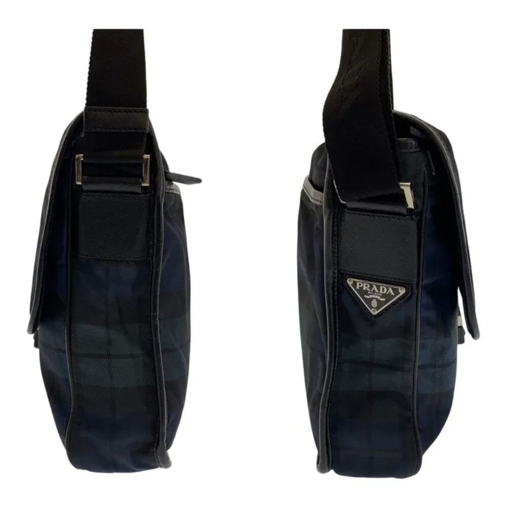 Prada Tessuto Triangle Logo Plate Checked Green Blue Black Silver Hardware